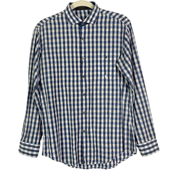 Cheq Kaku Italy Men's Navy blue Plaid Button-down, Medium - Picture 1 of 8